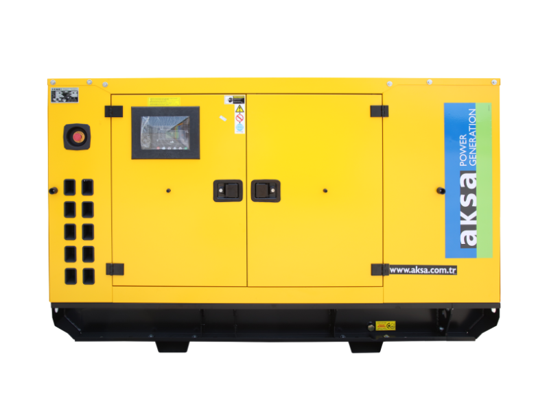 Bild des AKSA APD66C Generators - Frontansicht des dieselbetriebenen Generators mit dem Cummins-Motor und dem akustischen Schutzgehäuse.